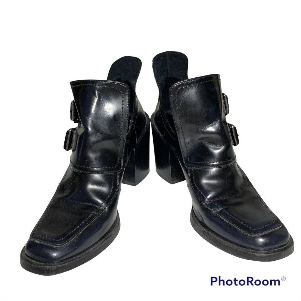 chic Zara dark navy blue (almost black) block heel double buckle shoes size 37